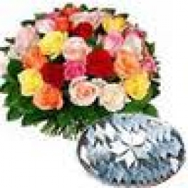 25 Mix Roses Bunch With 1 Kg Special Kaju Katli Sweets